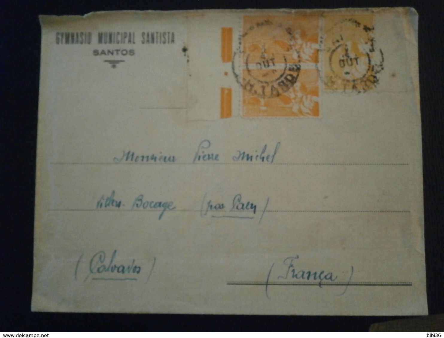 BRASIL BRESIL BRAZIL TIMBRE GYMNASIO MUNICIPAL SANTISTA SANTOS VILLERS BOCAGE CALVADOS LETTRE ENVELOPPE COVER LETTER PLI - Airmail (Private Companies)