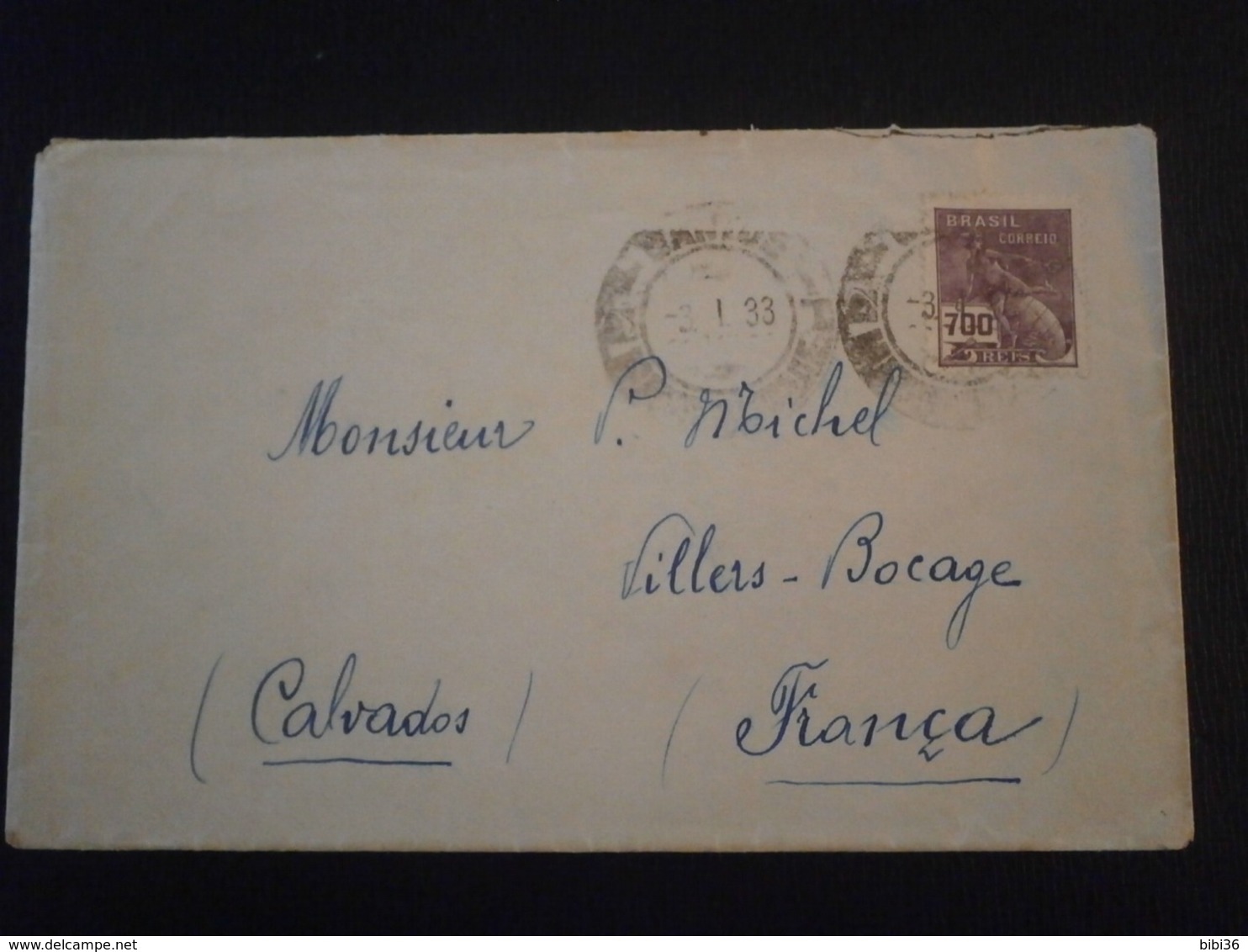 BRASIL BRESIL BRAZIL TIMBRE SANTOS VILLERS BOCAGE CALVADOS LETTRE ENVELOPPE COVER LETTER PLI - Poste Aérienne (Compagnies Privées)