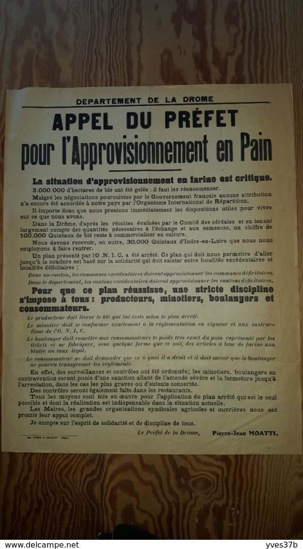 Affiche Pliée "DROME - Appel Du Préfet Pour L'Approvisionnement En Pain" 45x56 - Manifesti