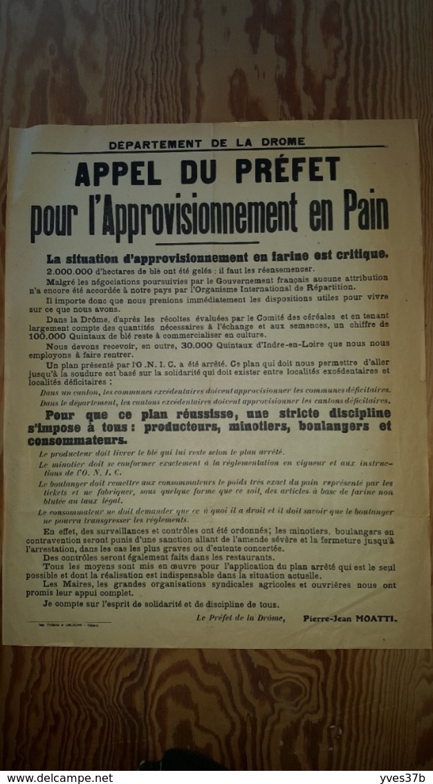 Affiche Pliée "DROME - Appel Du Préfet Pour L'Approvisionnement En Pain" 45x56 - Afiches
