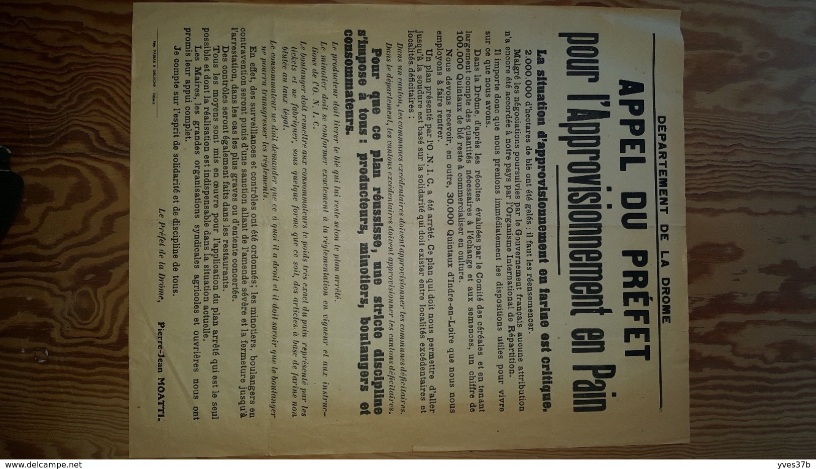 Affiche Pliée "DROME - Appel Du Préfet Pour L'Approvisionnement En Pain" 45x56 - Posters