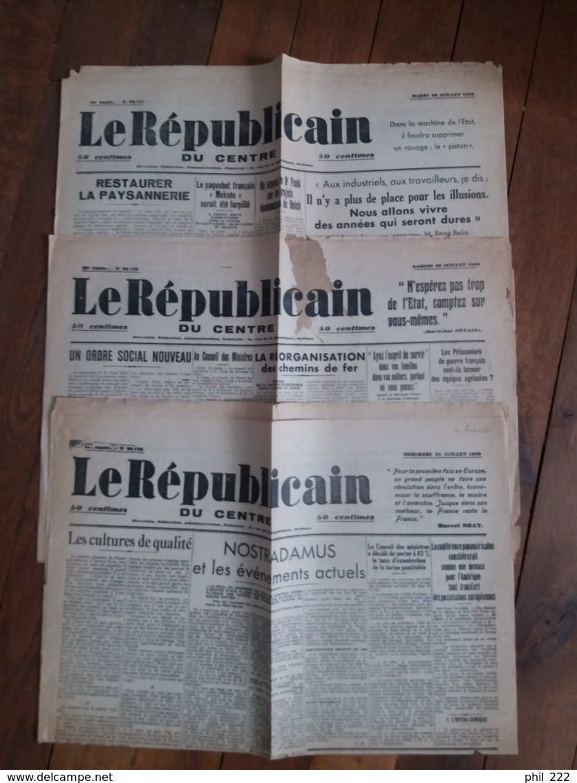 Juillet 1940 Journal Républicain Du Centre (3) Orléans  Guerre Occupation WWII - 1939-45