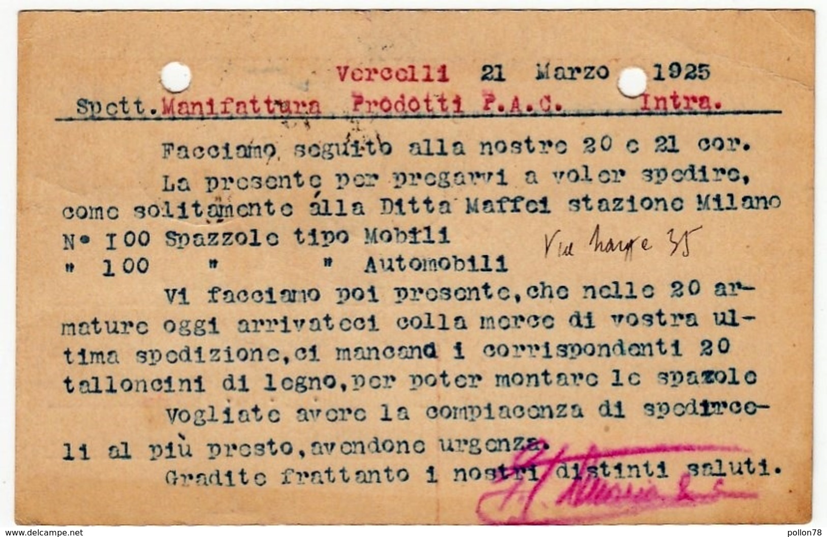 G. C. ALLARIO & C. - VERCELLI - 1925 - CARTOLINA POSTALE - Vedi Retro - Formato Piccolo - Altri & Non Classificati