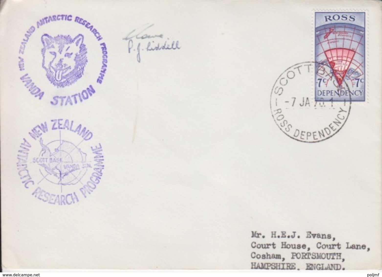 Polaire Néozélandais, N° 7 Obl. Scott-Base Le 7 JA 70 + Cachet Station Vanda (tête De Chien Et Carte) + Signature - Storia Postale