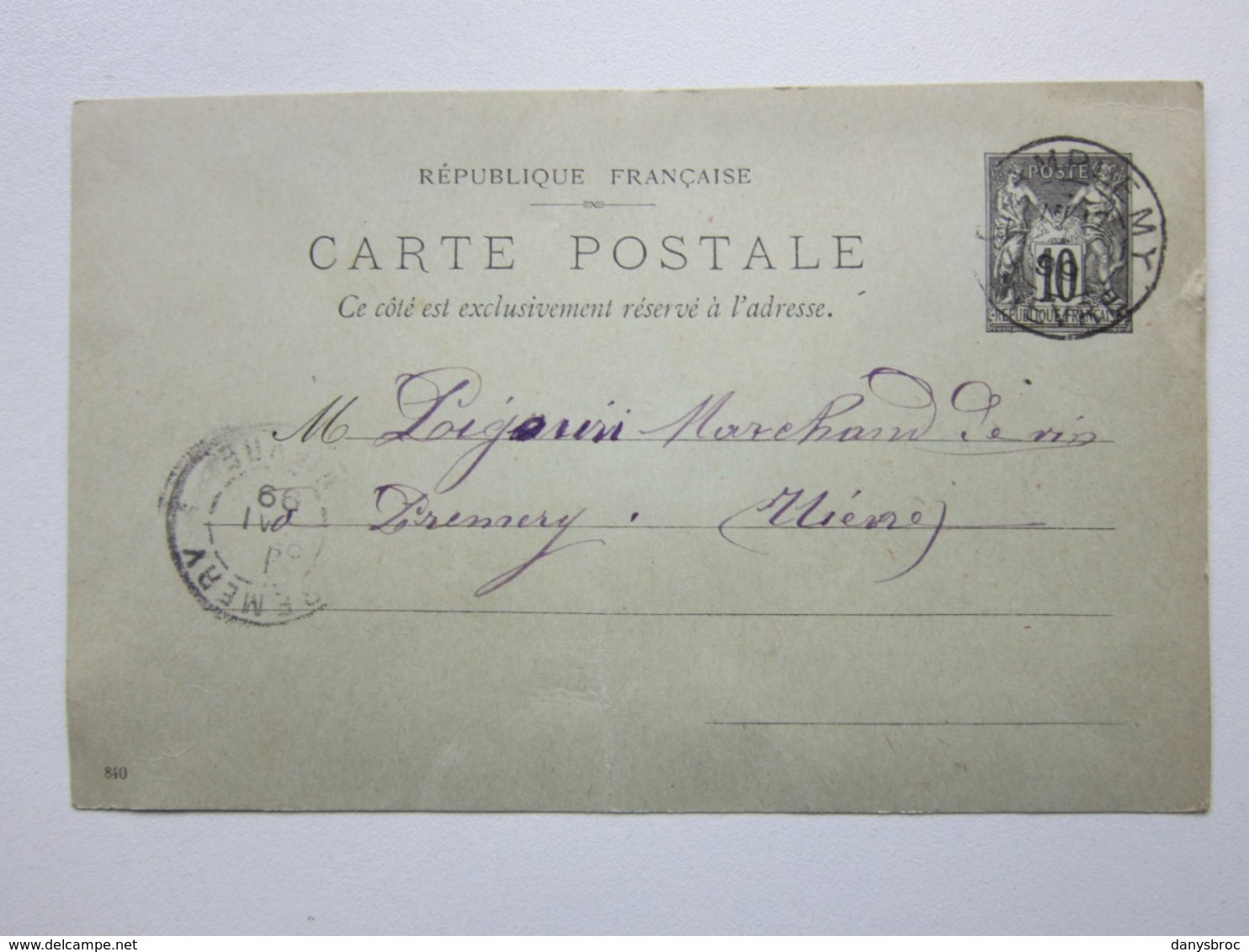 Carte Postale, Timbre Entier Type SAGE 10cts Noir Oblitéré CHAMPLEMY & PREMERY (58) 17/05/1899 Signée Jean SABOTIER - Cartes Postales Types Et TSC (avant 1995)