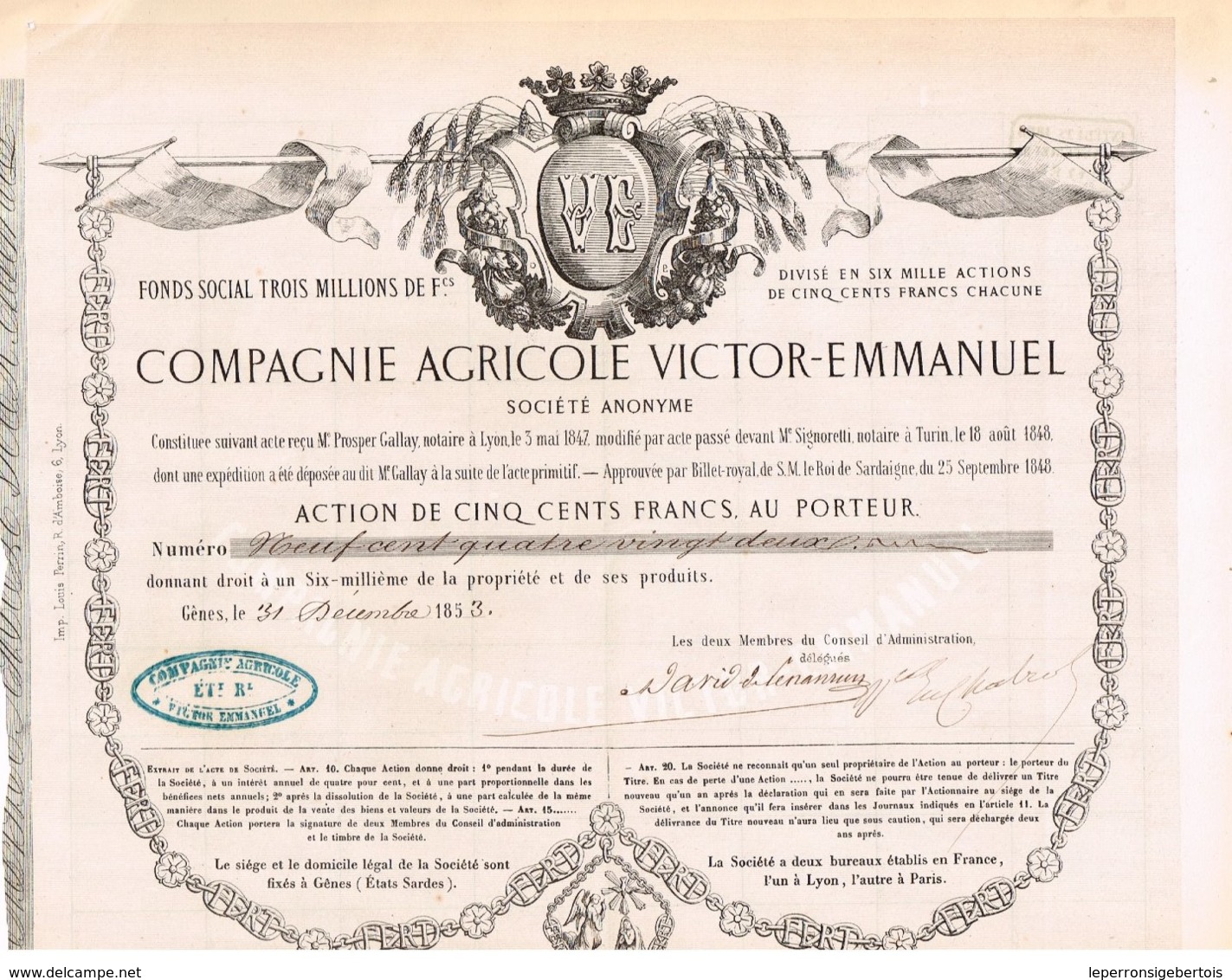 Titre Ancien - Compagnie Agricole Victor-Emmanuël - Titre De 1853 - Déco - Rare - Agriculture