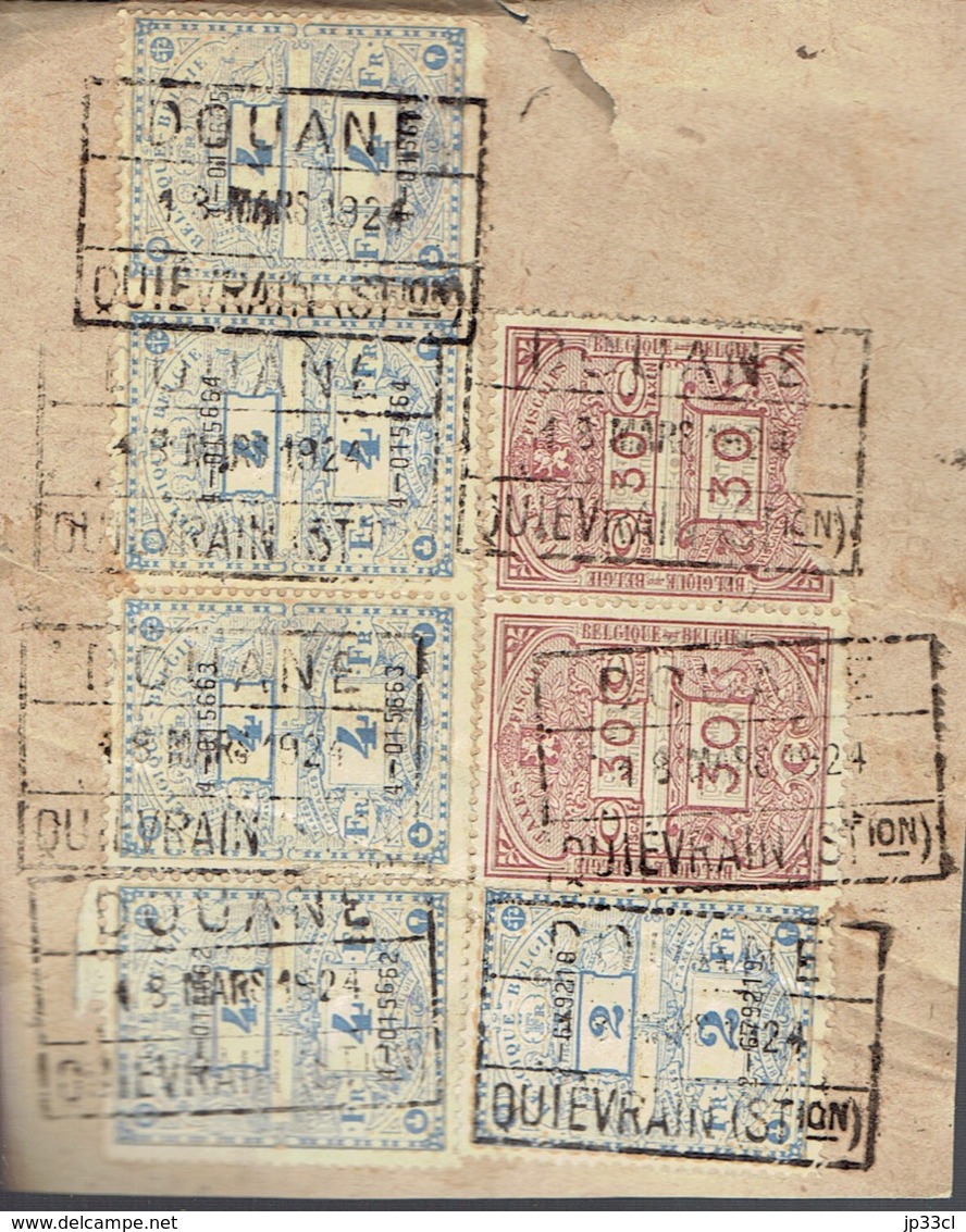 Fragment De Déclaration En Douane Avec 7 Timbres Fiscaux Estampillés Quiévrain Station (13/3/1924) - Stamps