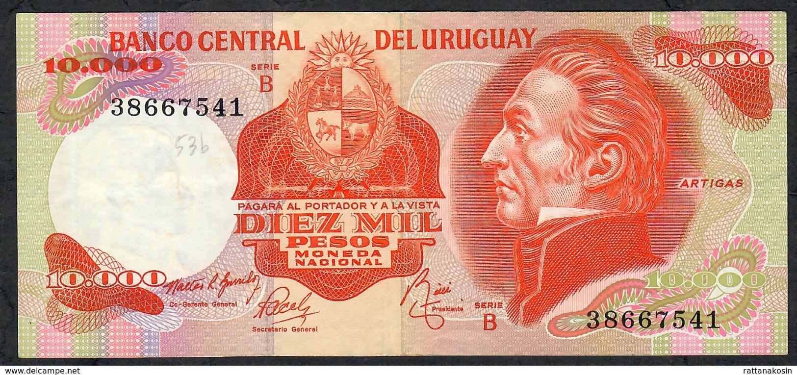 URUGUAY P53b 10.000 PESOS 1974 Signature 12 Serie B FINE NO P.h. ! - Uruguay