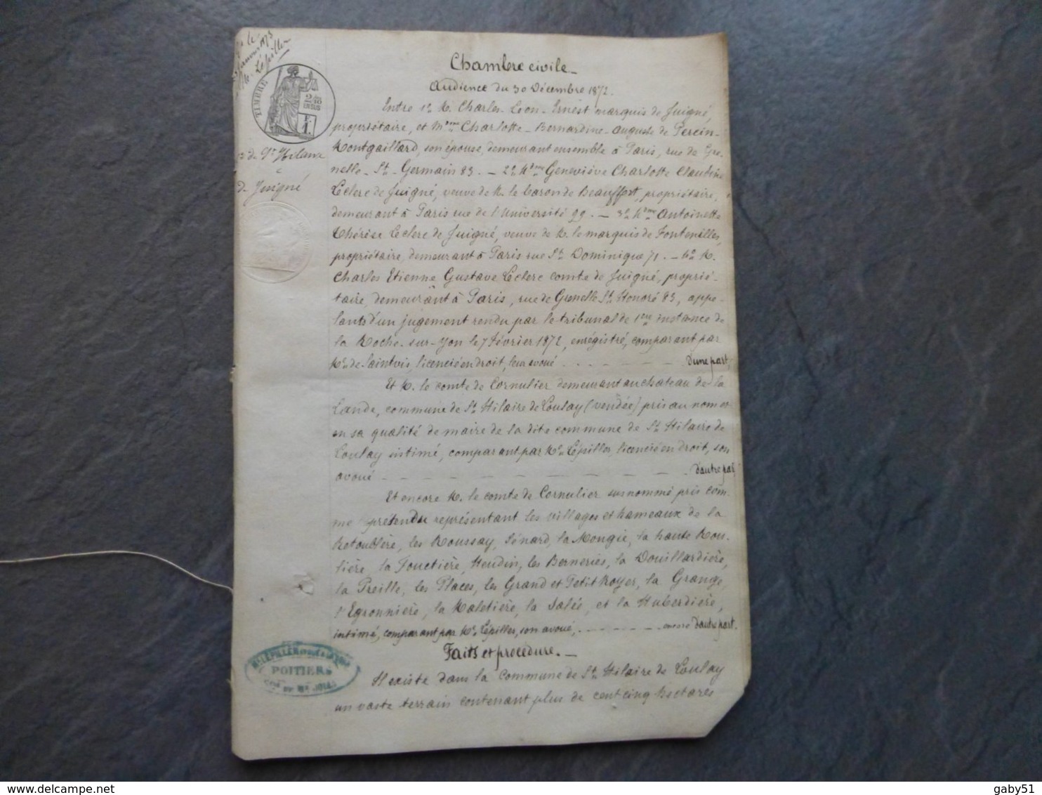85 Saint-Hilaire-de-Loulay 1872, Procès Lande De Roussay, Comte De Cornulier, Marquis De Juigné Etc ; Ref 847 ; PAP09 - Documents Historiques