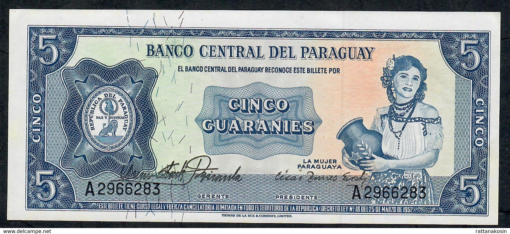 PARAGUAY P194 5 GUARANIES L.1952 Signature 5 Serie A UNC. ! - Paraguay