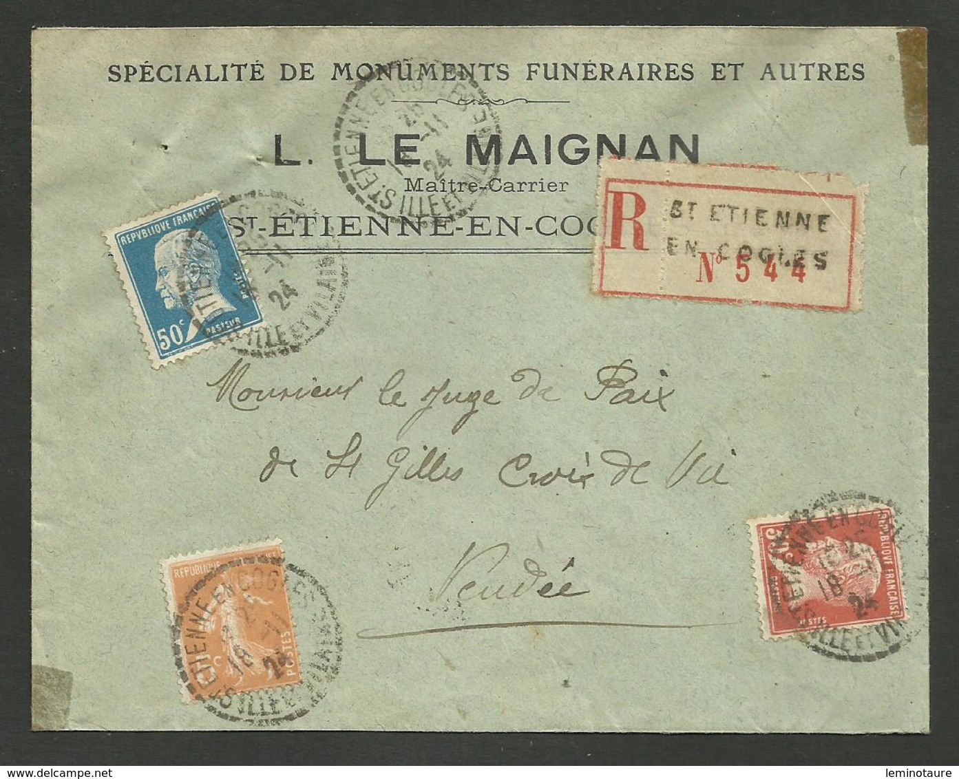 ILLE ET VILAINE / Pasteur & Semeuse / Recommandée / Recette Distribution ST ETIENNE EN COGUES 18.11.1924 Pour La VENDEE - 1921-1960: Période Moderne