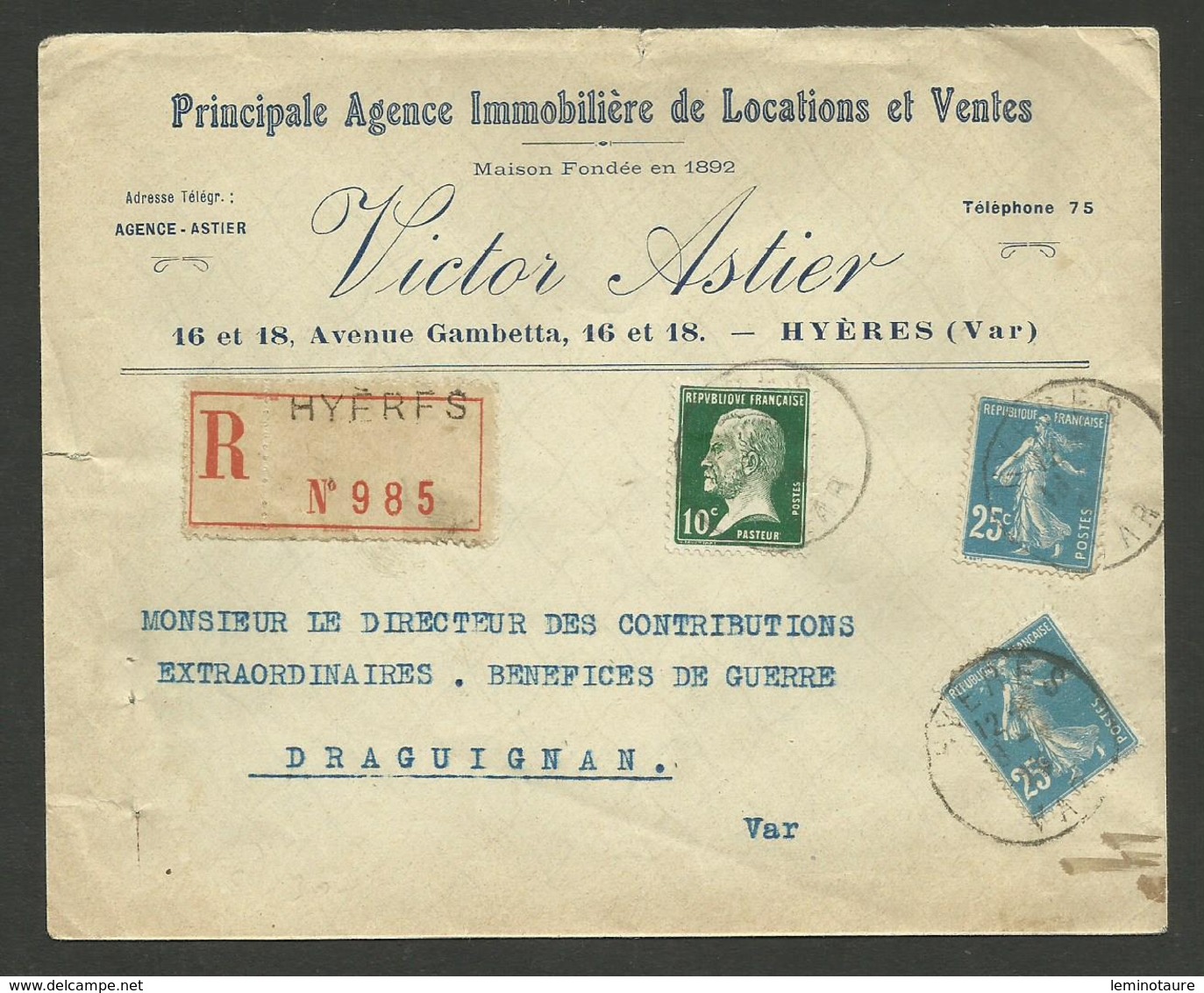 VAR / Enveloppe Commerciale Pasteur & Semeuse / Recommandée / HYERES 18.09.1923 Pour DRAGUIGNAN - 1921-1960: Période Moderne