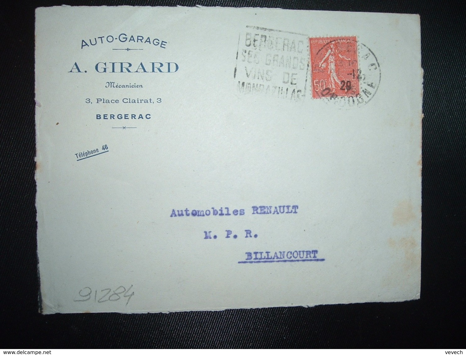 DEVANT TP SEMEUSE 50c OBL. DAGUIN 24-12 29 BERGERAC DORDOGNE (24) AUTO GARAGE A. GIRARD Mécanicien - Other & Unclassified