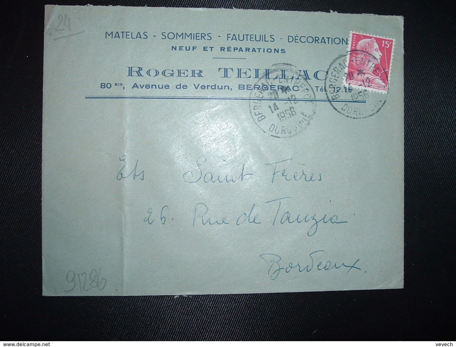 LETTRE TP M. DE MULLER 15F OBL.14-12 1956 BERGERAC ENTREPOT DORDOGNE (24) ROGER TEILLAC MATELAS FAUTEUILS - Altri & Non Classificati