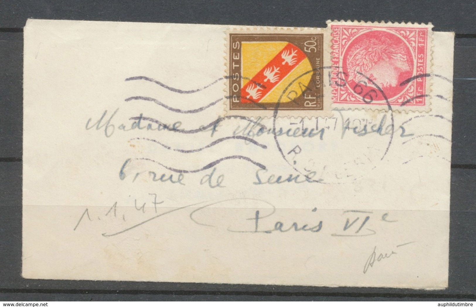 1 JANV.1947 Env. 1f Mazelin + 50c Blason Obl Paris, Superbe X4828 - 1877-1920: Semi-Moderne