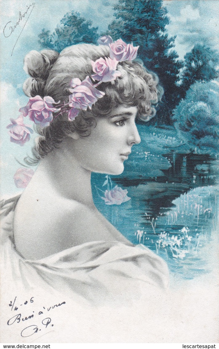 CPA  Précurseur- Jolie Carte Fantaisie - Portrait Femme Avec Couronne De Fleurs Dans Les Cheveux-  (lot Pat 86) - Vrouwen