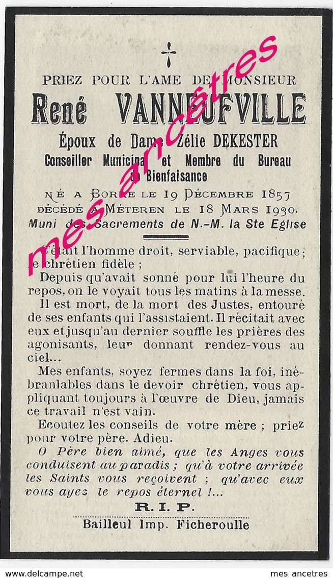 En 1950-Meteren Et Borre (59) Conseiller Municipal Et Bureau De Bienfaisance René VANNEUFVILLE Ep Zélie DEKESTER - Todesanzeige