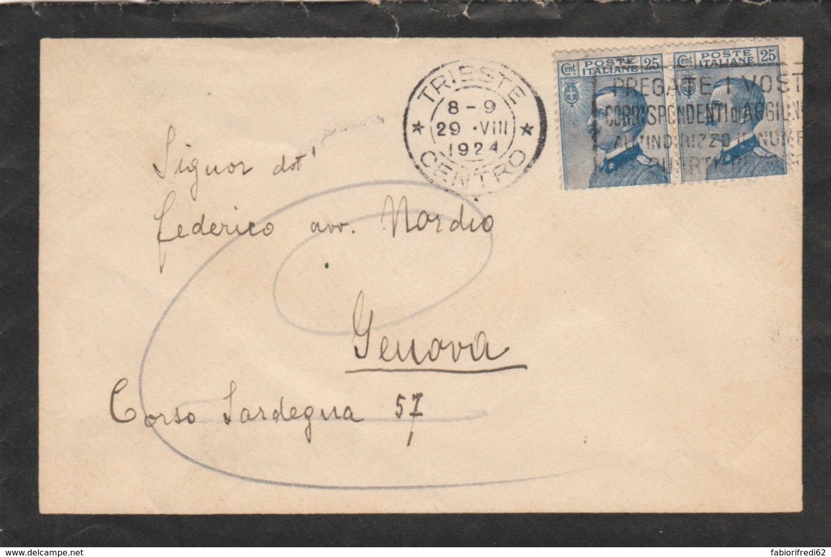 LETTERA 1924 2X25 TIMBRO TRIESTE PREGATE I VOSTRI (VX1125 - Storia Postale