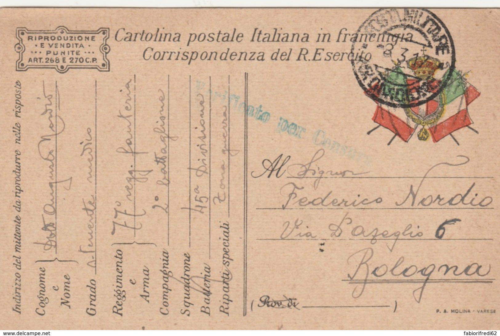 CARTOLINA IN FRANCHIGIA 1917 TIP. MOLINA (VX1133 - Portofreiheit