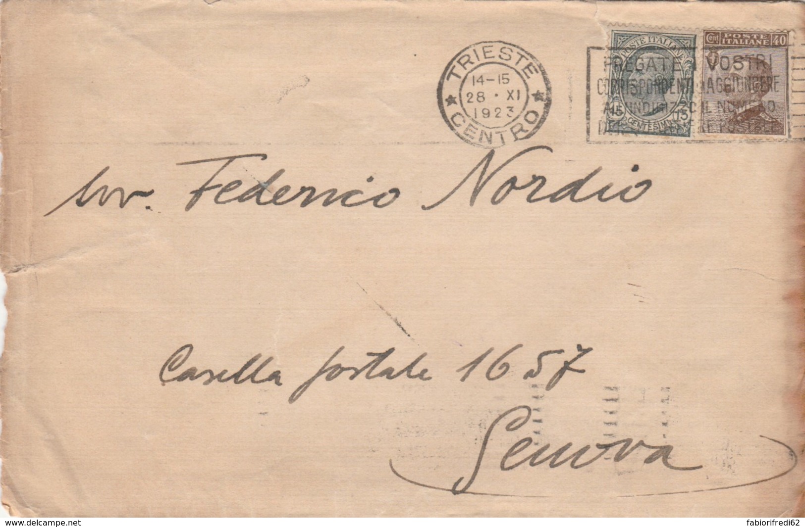 LETTERA 1923 15+40 C. TIMBRO TRIESTE PREGATE I VOSTRI (VX1143 - Storia Postale