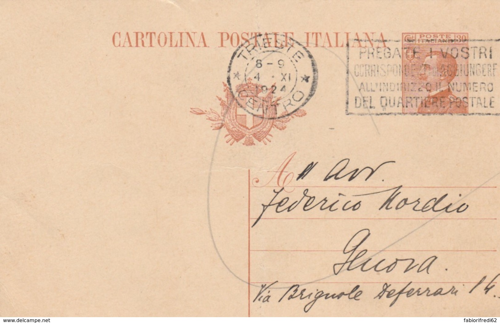 INTEROP POSTALE 1924 C.30 TIMBRO TRIESTE PREGATE I VOSTRI (VX1145 - Interi Postali