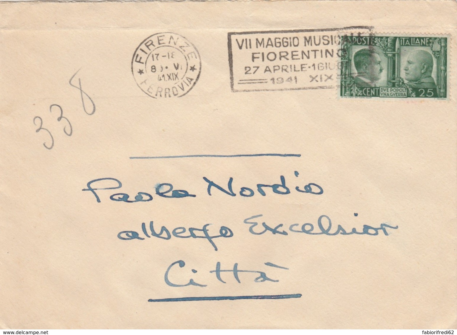 LETTERA 1941 25 C. FRATELLANZA D'ARMI TIMBRO FIRENZE VII MAGGIO MUSICALE (VX1191 - Marcophilia