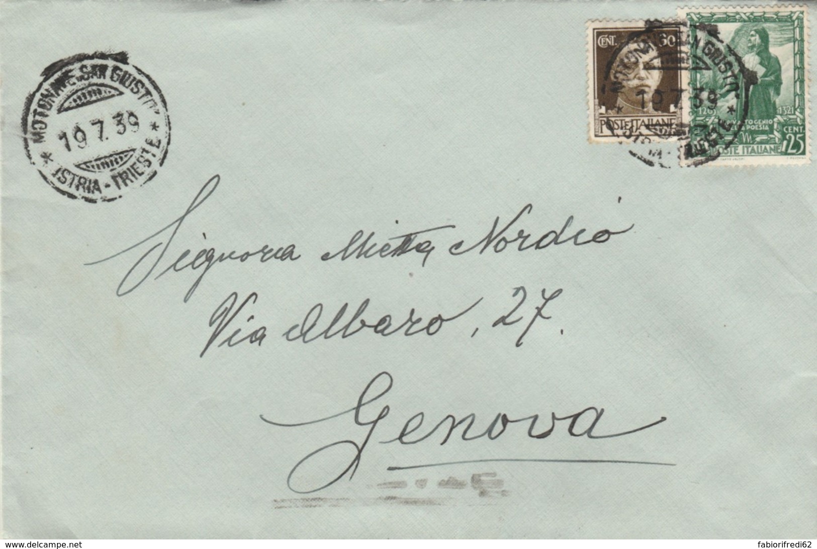 LETTERA 1939 30+25 C. PROCL.IMPERO-RARO TIMBRO MOTONAVE SAN GIUSTO ISTRIA TRIESTE (VX1328 - Storia Postale