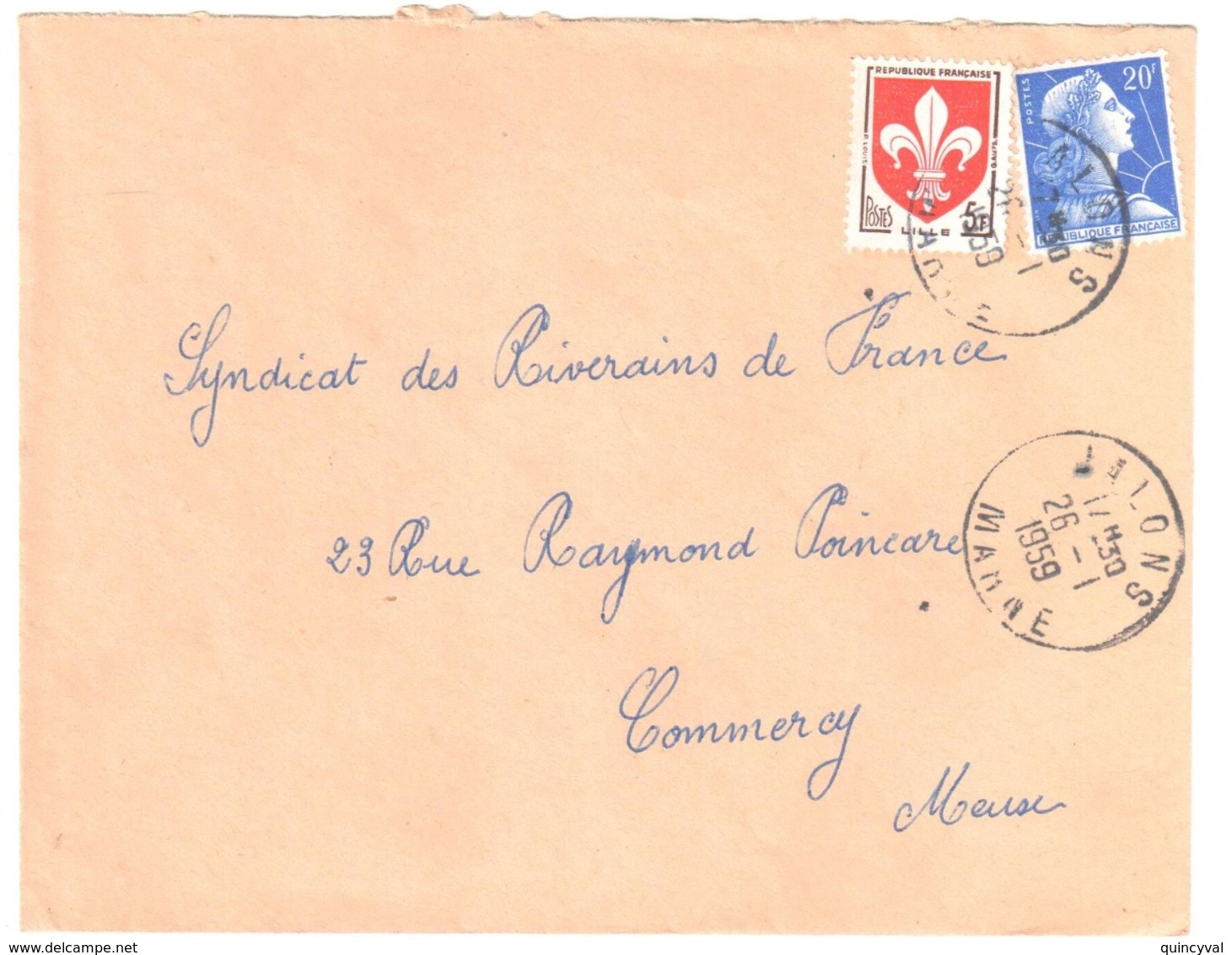 JALONS Marne Lettre 20 F Muller 5 F Blason Lille Yv 1011B 1186 Ob 26 1 1959 Dest Commercy Meuse - Brieven En Documenten