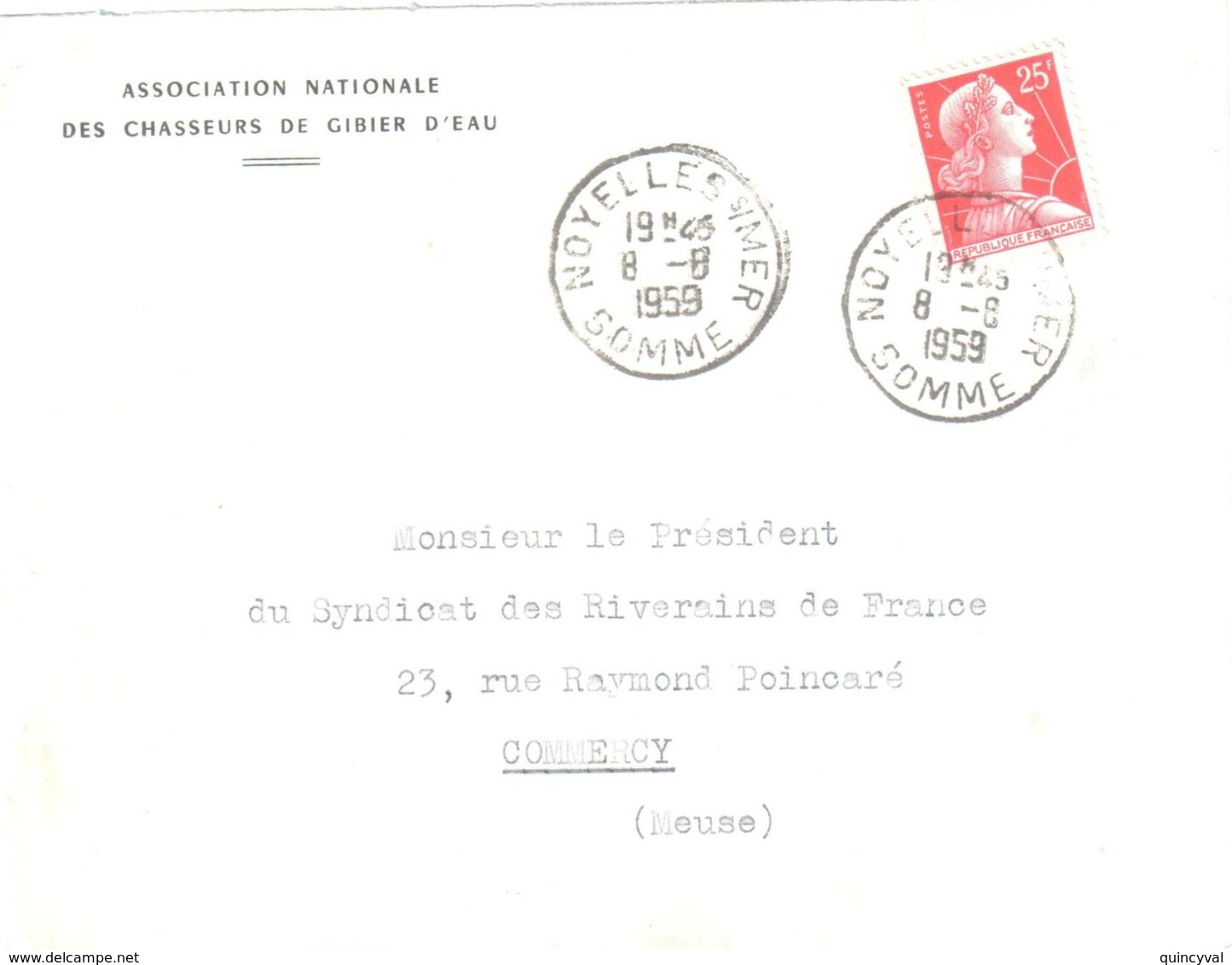 NOYELLES Sur MER Somme Lettre Entête Association Chasseurs Gibier Eau 25f Muller YV 1011C Ob 8 8 1959 - Covers & Documents