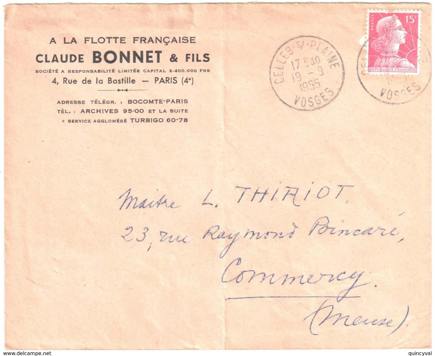 CELLES Sur PLAINE Vosges Lettre Entête Flotte Française C BONNET 15F Muller Rouge Yv 1011 Ob 19 9 1955 - Lettres & Documents