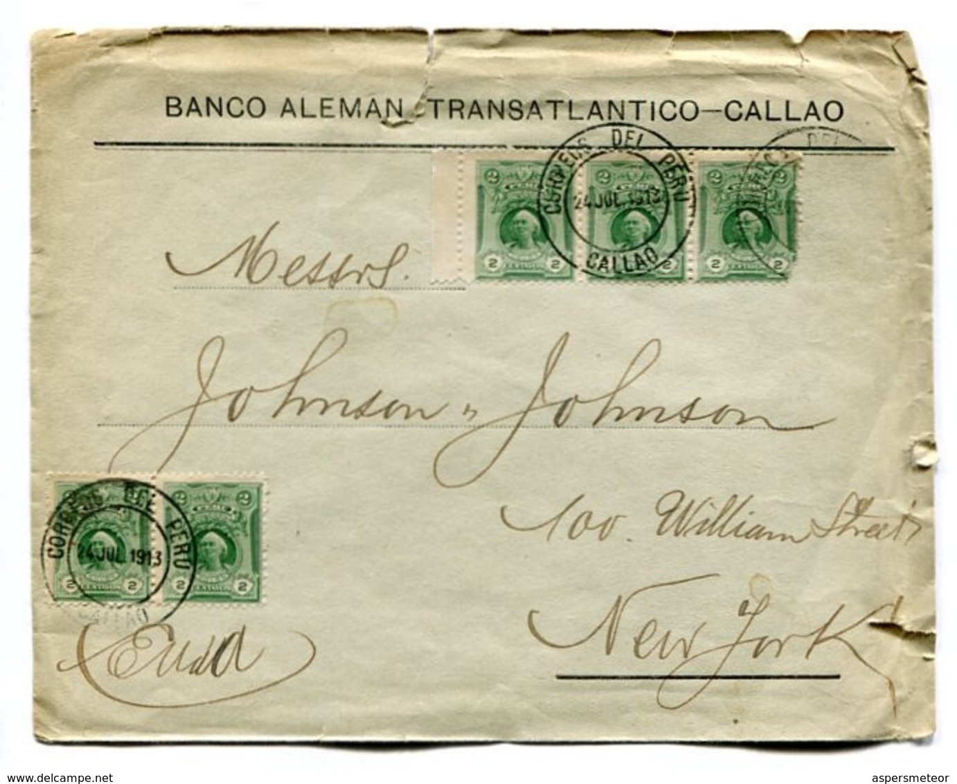 PERU COMMERCIAL COVER - CIRCULATED FROM "BANCO ALEMAN TRANSATLANTICO-CALLAO" TO NEW YORK, YEAR 1913 - LILHU - Perú