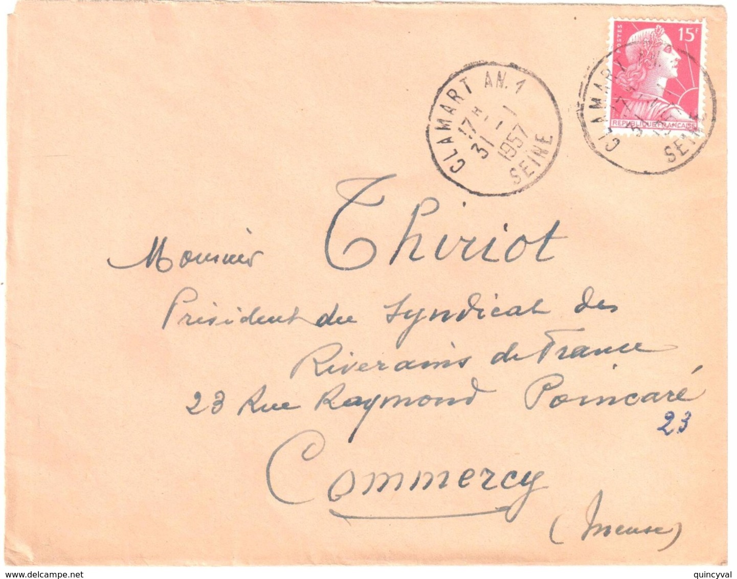 CLAMART AN.1 Seine Lettre 15F Muller Rouge Yv 1011 Ob 31 1 1957 Type A9 Dest Commercy Meuse - Cartas & Documentos