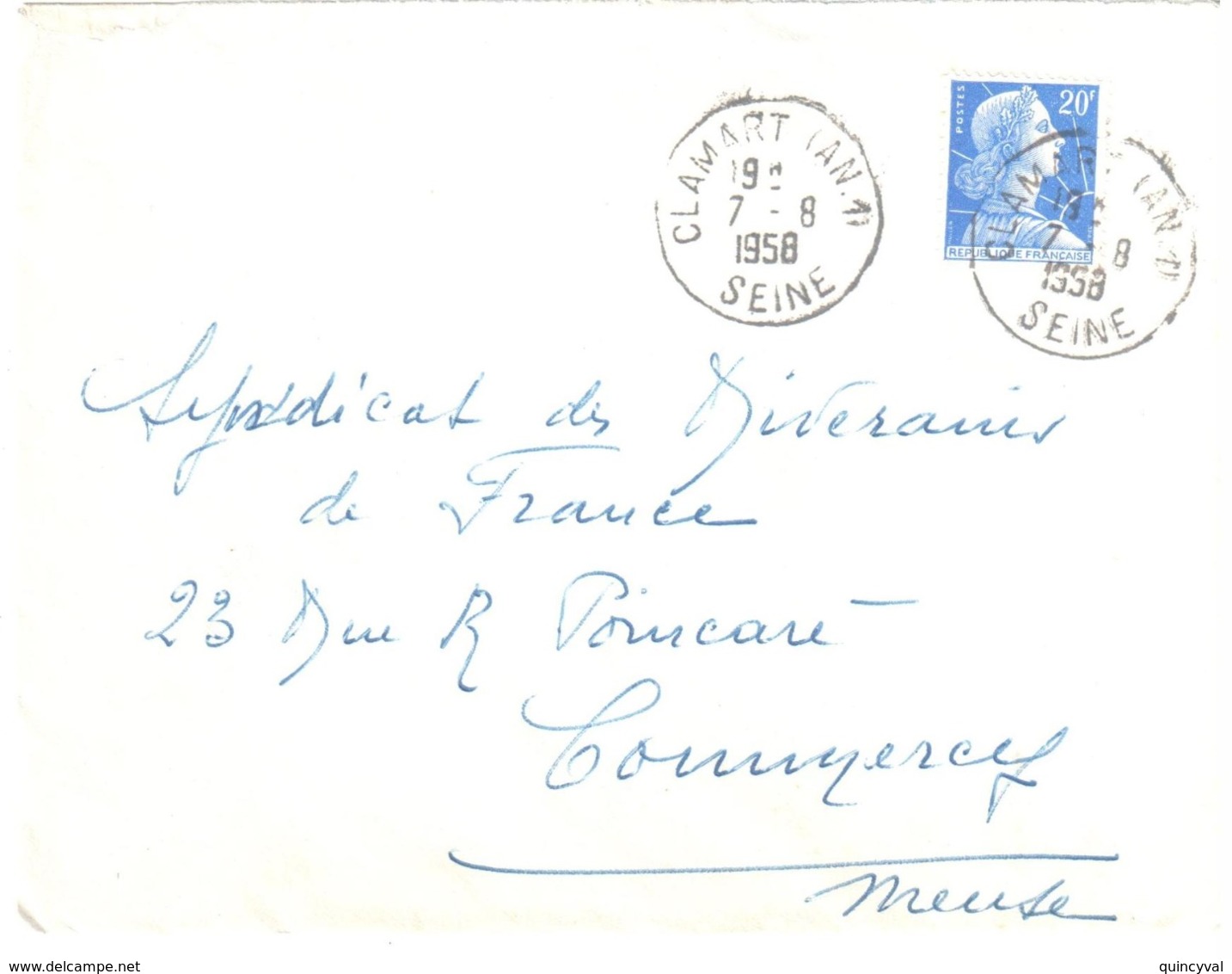 CLAMART ( AN.1 )  Seine Lettre 20 F Muller Yv 1011B Ob 7 8 1958 Type A9 Dest Commercy Meuse - Lettres & Documents