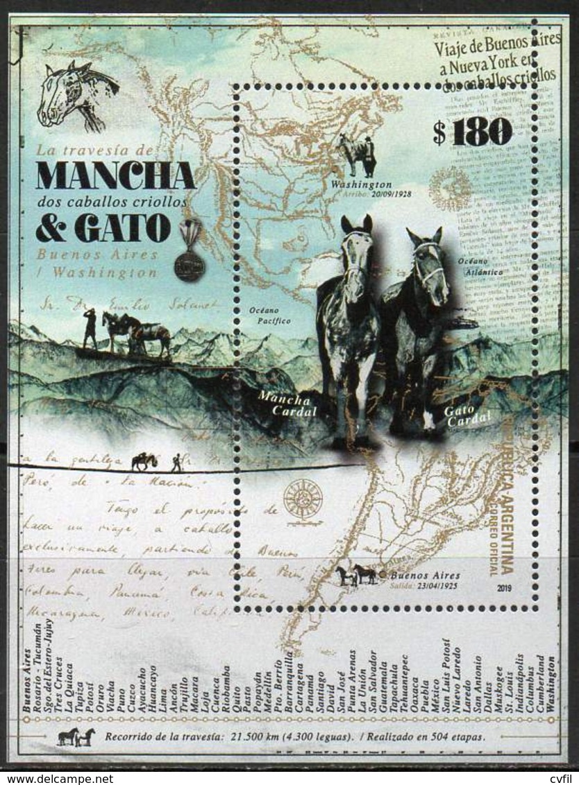 ARGENTINE 2019. Crossing Of Horses Mancha And Gato. Souvenir Sheet, Mint NH - Neufs