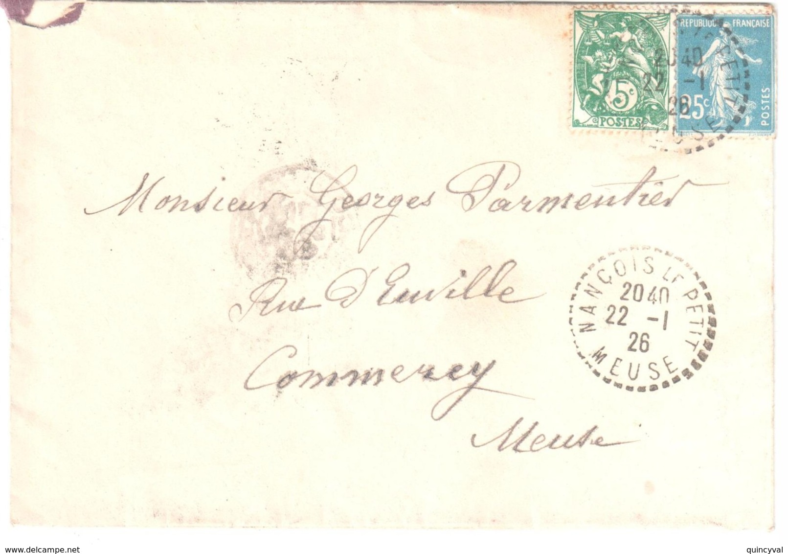 NANCOIS LE PETIT Meuse Lettre 25c Semeuse Bleu 5c Blanc Yv 140 111 Ob Cercle Pointillé Lautier B4 Recette Distribution - Storia Postale