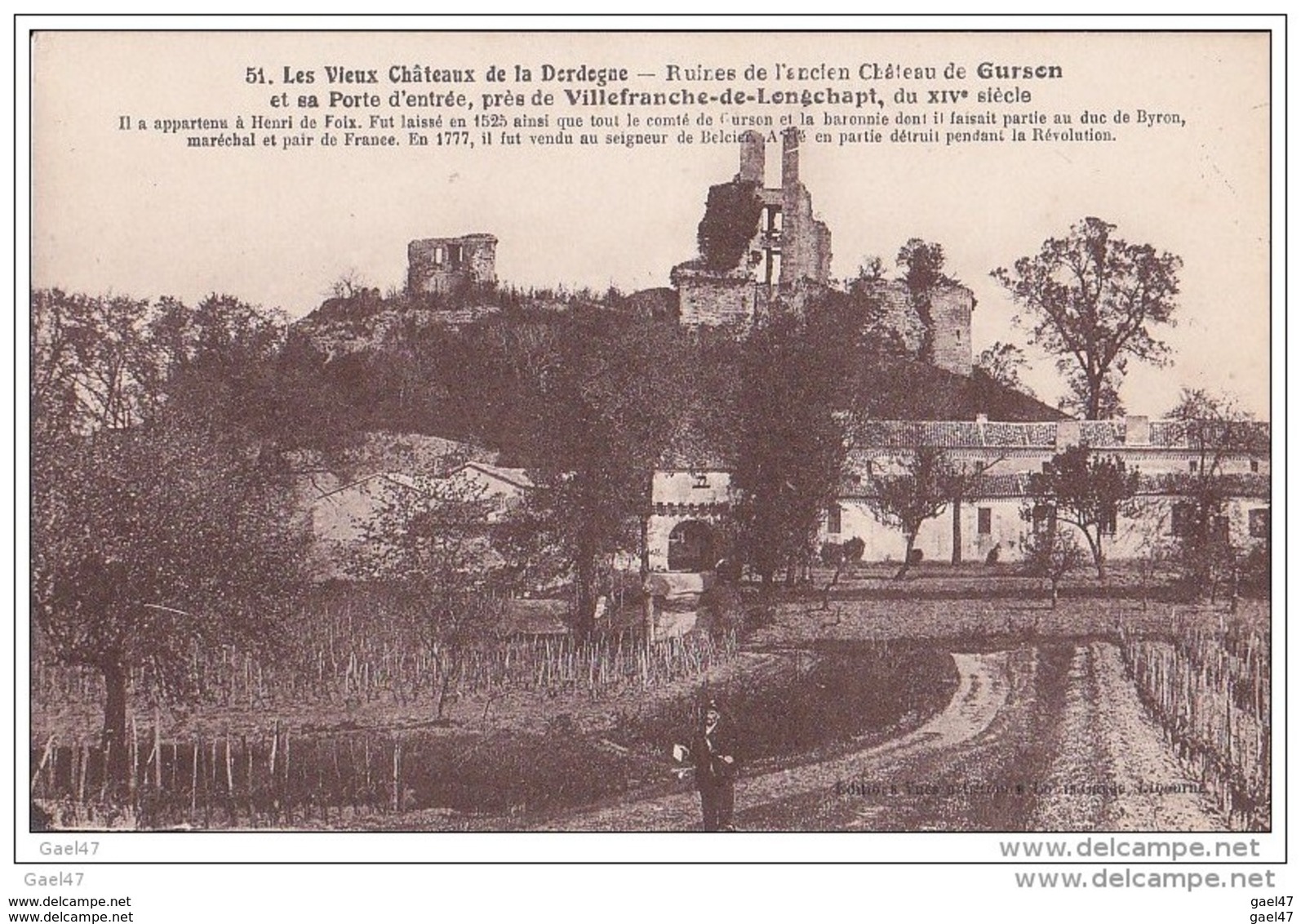 Cpa Réf-JP-Q-036 ( Dép-24 Près De VILLEFRANCHE-de-LONGCHAPT ) Ruines Du Château De GURSON      Facteur - Other & Unclassified