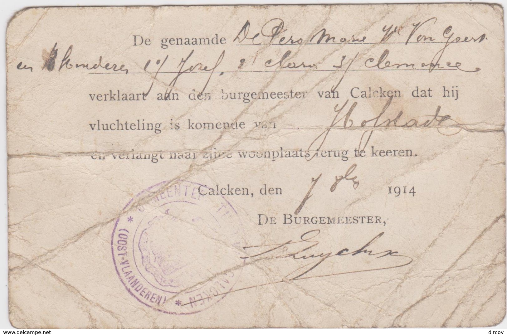 Gemeenteverklaring Van 1914 Uit Kalken Voor Een Vluchteling Uit Hofstade - Historische Dokumente