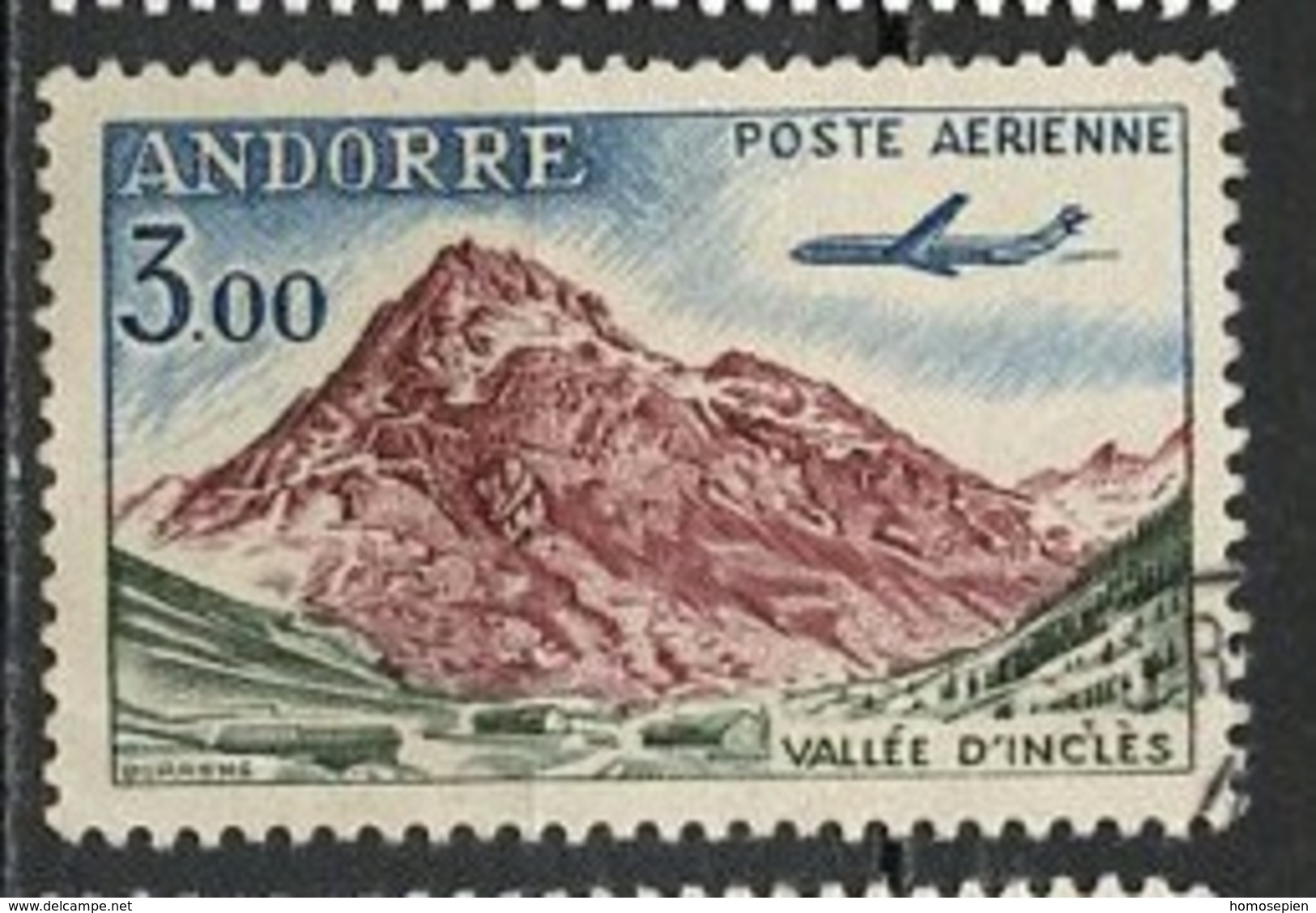 Andorre Français - Andorra Poste Aérienne 1961-64 Y&T N°PA6 - Michel N°F176 (o) - 3f Vallée D'Inclès - Airmail
