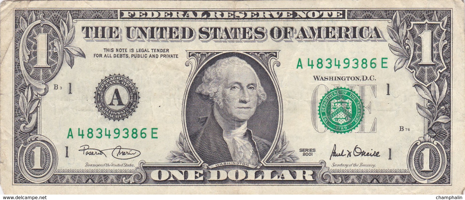 Etats-Unis D'Amérique - Billet De 1 Dollar - George Washington - Boston A - 2001 - Billets De La Federal Reserve (1928-...)