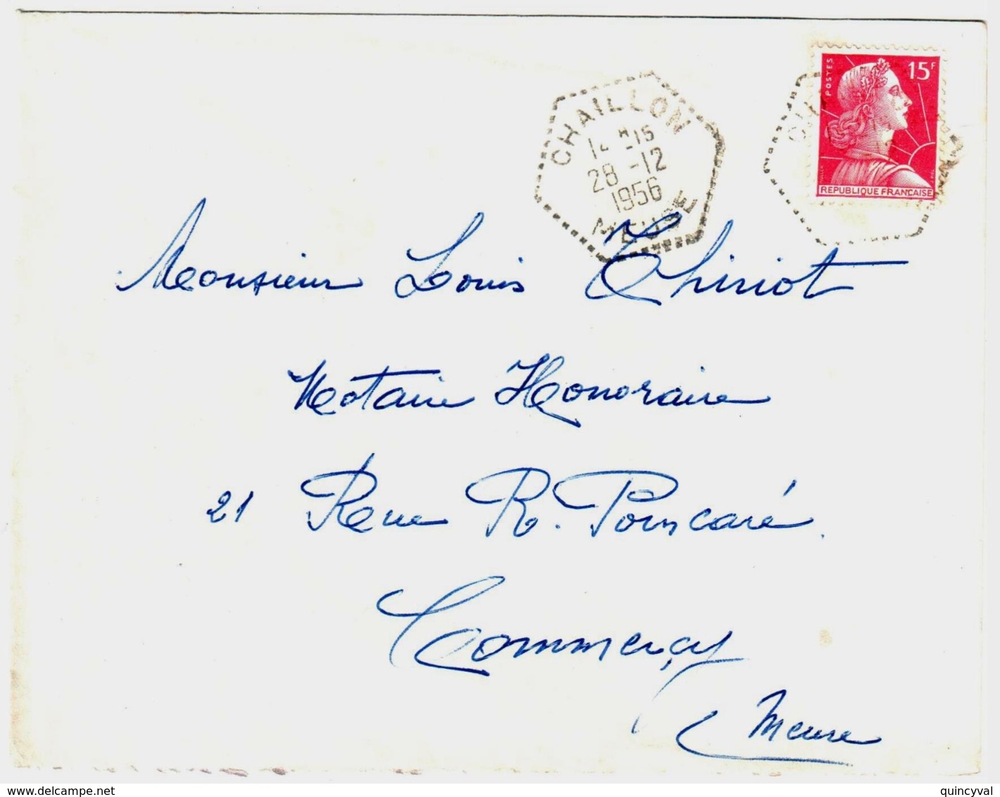 CHAILLON Meuse Lettre Simple 15F Muller Rouge Yv 1011 Ob 28 12 1956 Agence Postale Hexagone Pointille Lautier F7 - Lettres & Documents