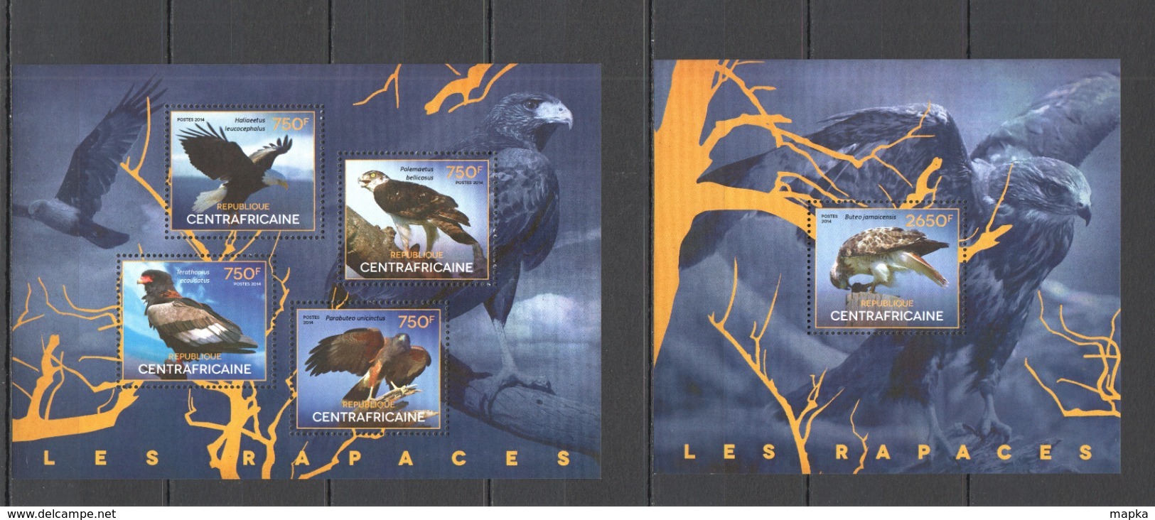 CA406 2014 CENTRAL AFRICA CENTRAFRICAINE FAUNA BIRDS RAPTORS OF AFRICA RAPACES KB+BL MNH - Adler & Greifvögel