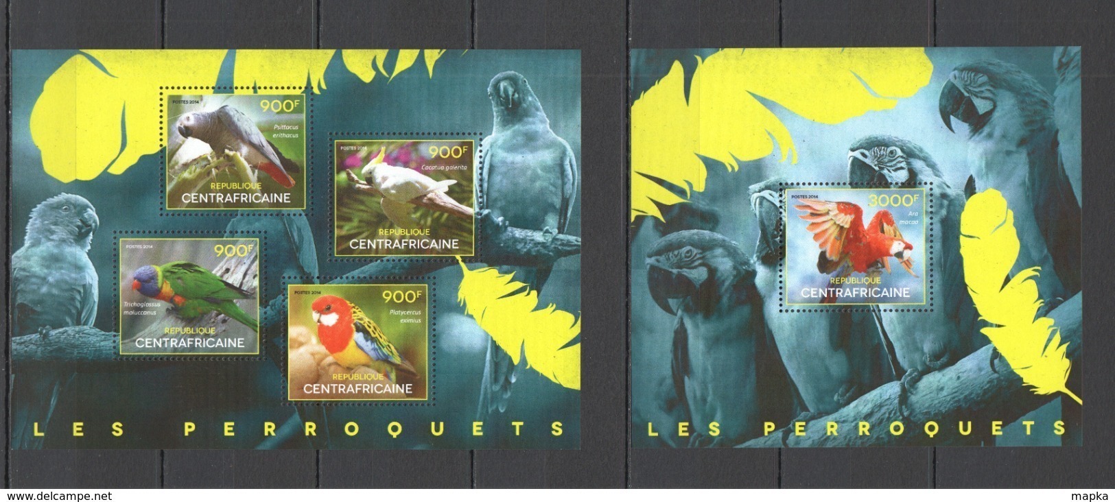 CA408 2014 CENTRAL AFRICA CENTRAFRICAINE FAUNA BIRDS PARROTS LES PERROQUETS KB+BL MNH - Papageien