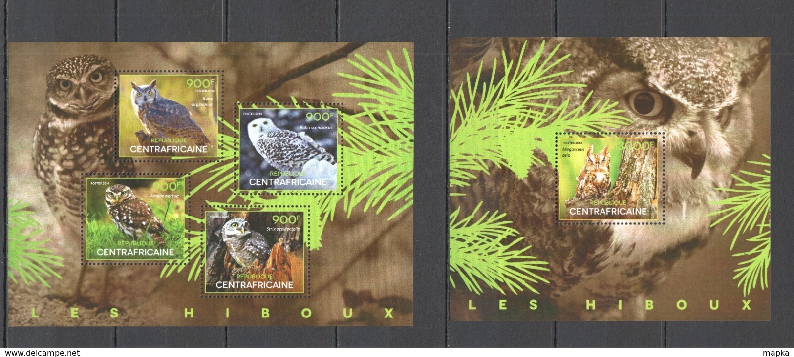 CA410 2014 CENTRAL AFRICA CENTRAFRICAINE FAUNA BIRDS OWLS LES HIBOUX KB+BL MNH - Eulenvögel