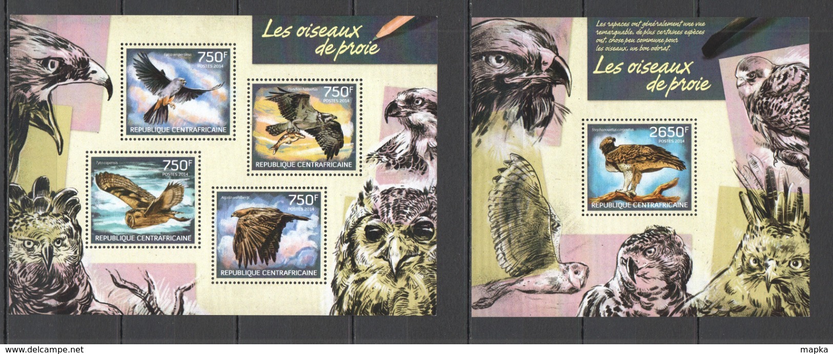 CA420 2014 CENTRAL AFRICA CENTRAFRICAINE FAUNA BIRDS OF PREY OUSEAUX DE PROIE KB+BL MNH - Adler & Greifvögel