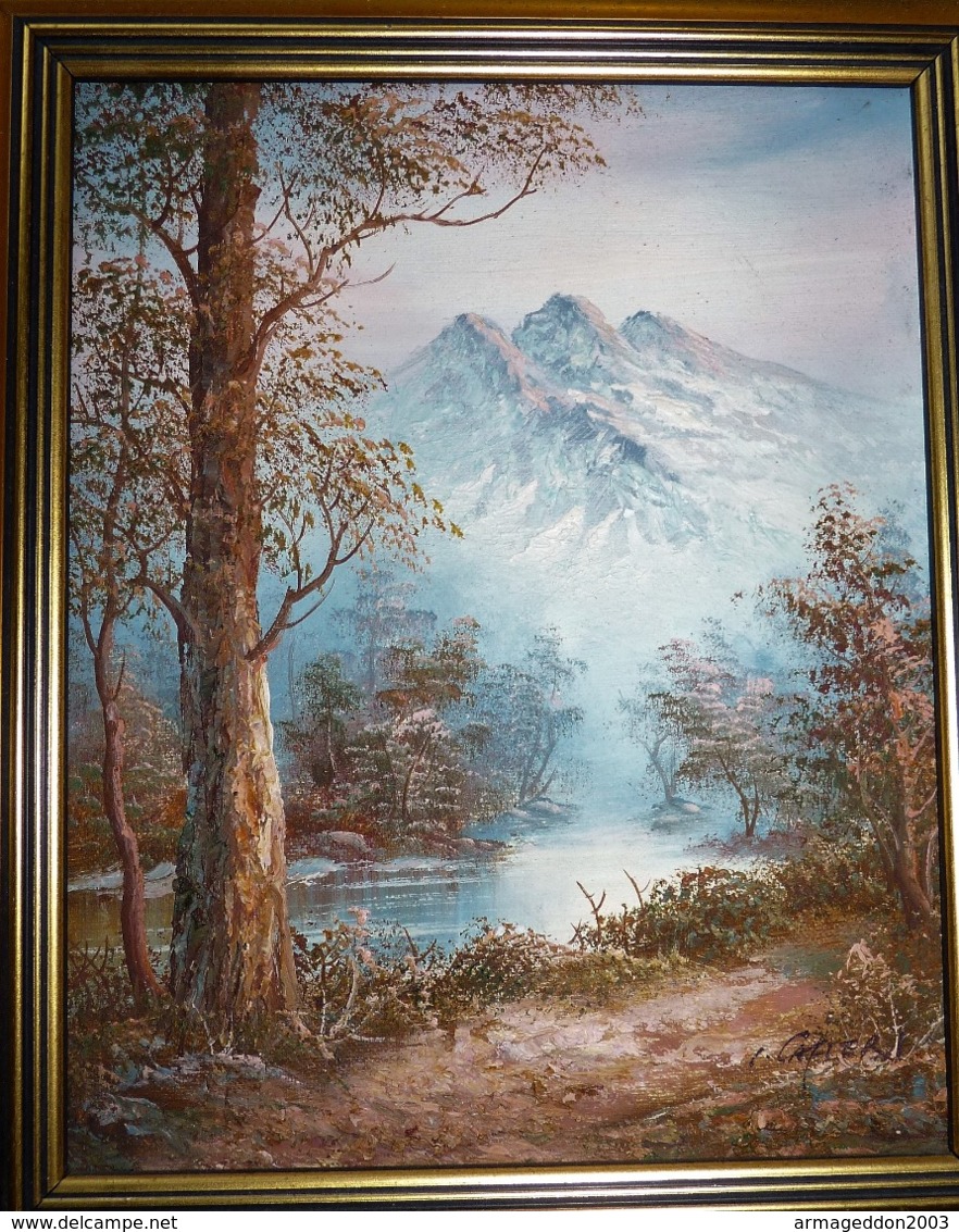 HUILE SUR TOILE PAYSAGE MONTAGNARD CADRE BOIS CISELE  DORE SIGNE ...CERT ?  BE - Olii