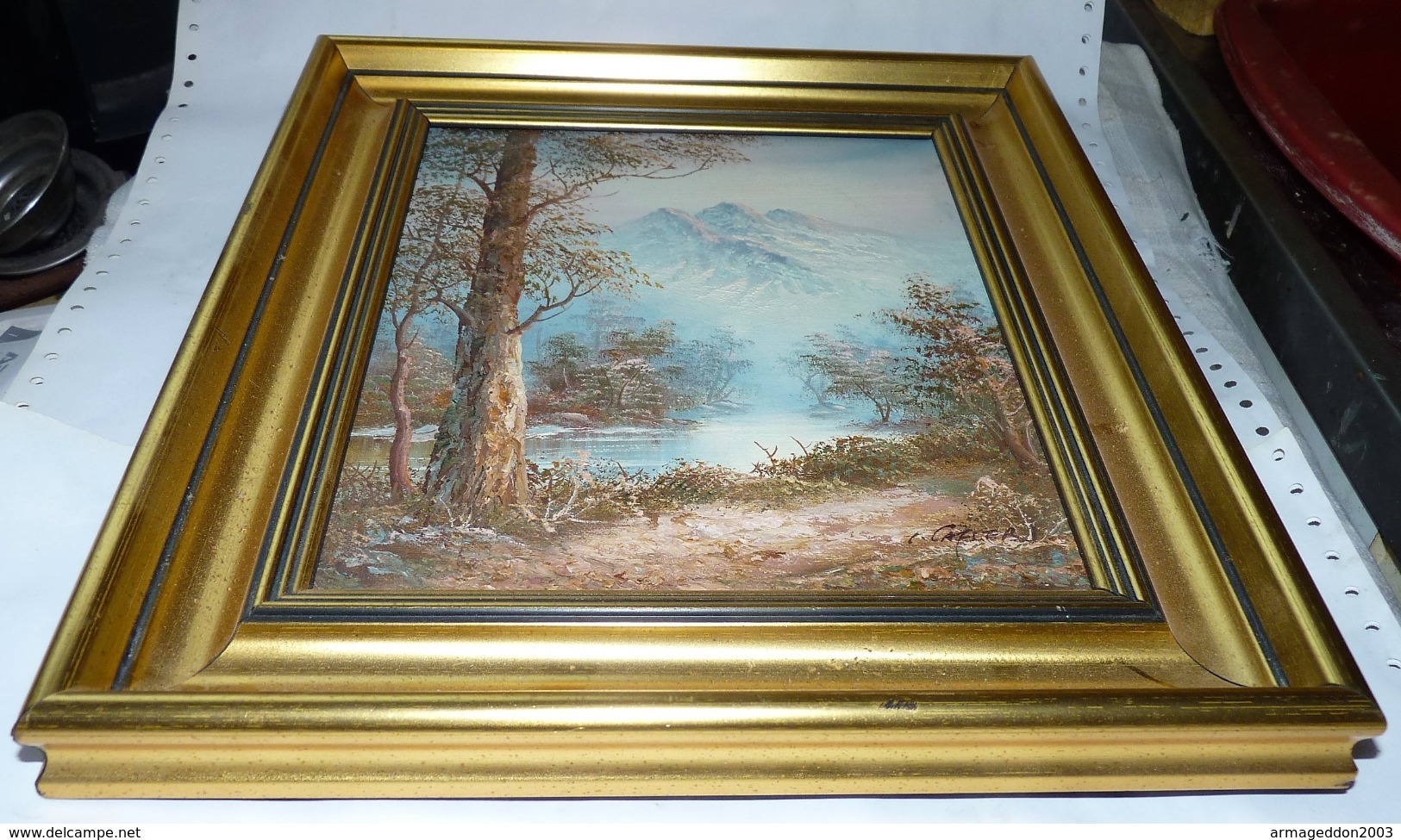 HUILE SUR TOILE PAYSAGE MONTAGNARD CADRE BOIS CISELE  DORE SIGNE ...CERT ?  BE - Olii