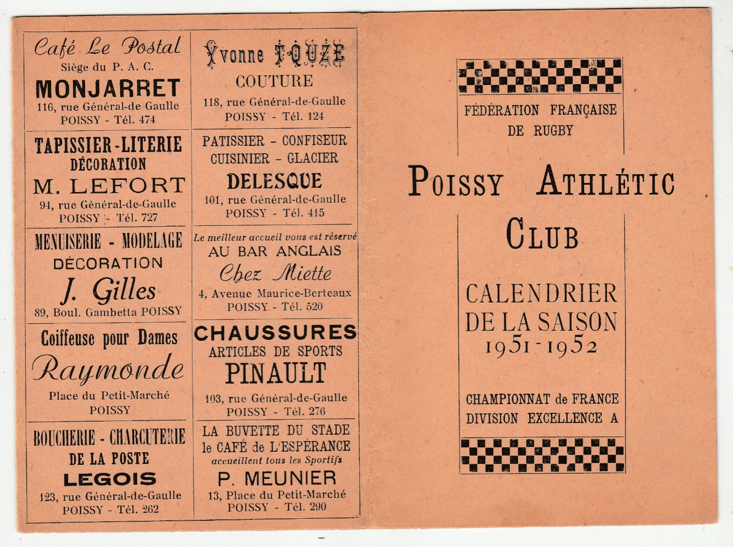 POISSY ATHLÉTIC CLUB - Calendrier De La Saison 1951-52 - Championnat De FRANCE - Sport, RUGBY, Publicité - - Poissy