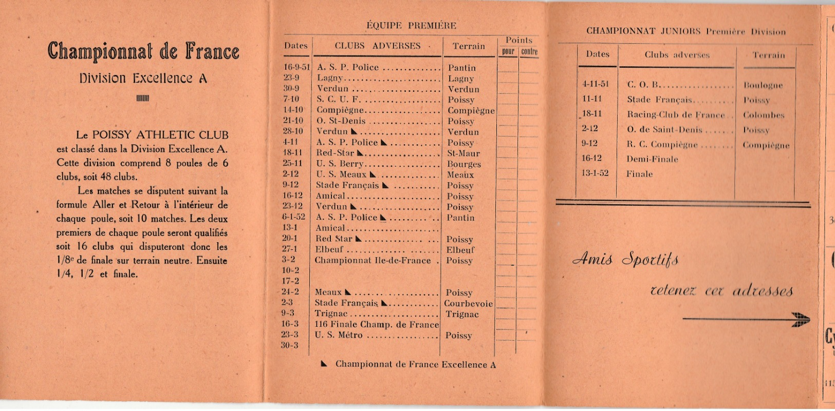 POISSY ATHLÉTIC CLUB - Calendrier De La Saison 1951-52 - Championnat De FRANCE - Sport, RUGBY, Publicité - - Poissy