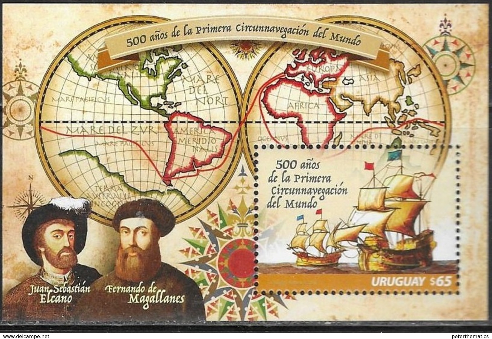 URUGUAY, 2019, MNH, EXPLORERS, MAGELLAN, 500 YEARS SINCE FIRST CIRCUMNAVIGATION OF THE WORLD, SHIPS, S/SHEET - Explorateurs