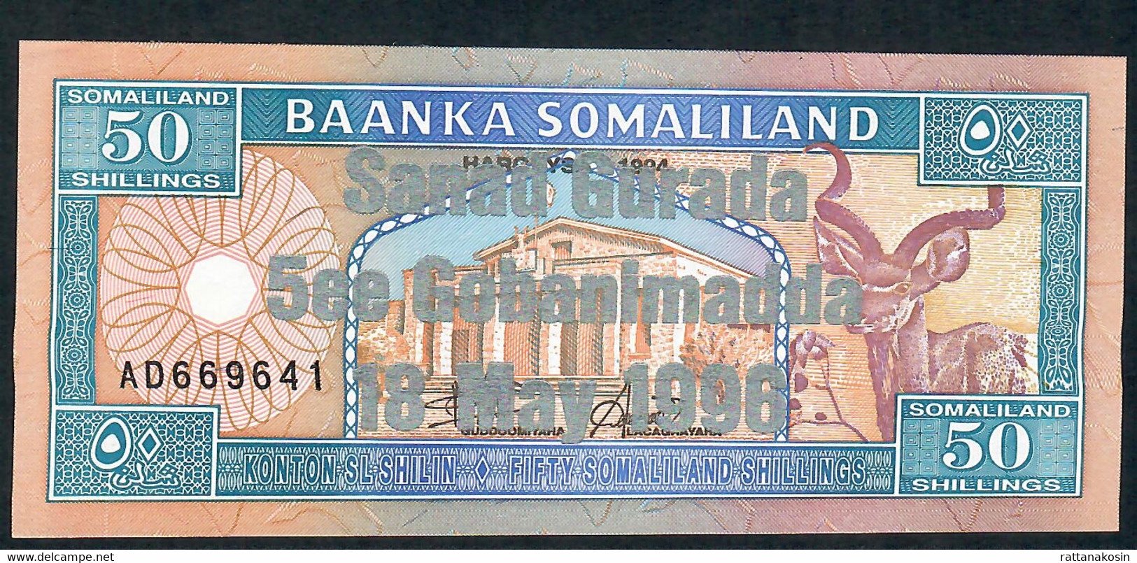 SOMALILAND  P17a 50  SHILLINGS 1996  #AD  Overprint 4a    RARE     UNC. - Somalia